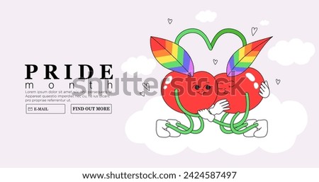 Two cute cherry hug each other tenderly with rainbow colored leaves. Trendy lgbtq or pride month event or festival banner, poster, placard, greeting card background. Funky kewpies characters.