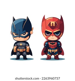 Two cute chibi superhero characters in blue and red costumes with capes. Adorable cartoon mascots, ideal for children's books, games, comics, and merchandise designs.