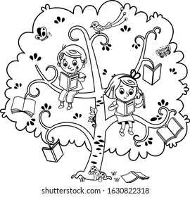 Two cute children, a boy and a  girl reading a book on the tree of books. Black and white. Vector illustration.
