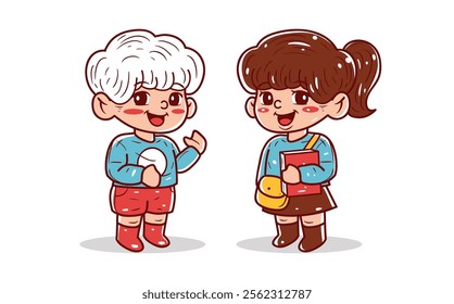 Two cute children are going to school vector illustration