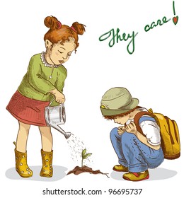 Two cute children hand drawn in vector (graphic style) are gardening