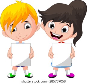 two cute children holding blank sign