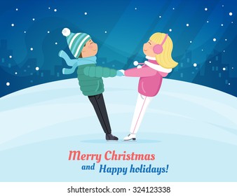 Two Cute Children Skating At Ice Rink. Christmas Flat Design For Flyer Or Greeting Card For Happy Holidays With Lettering