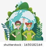 Two cute children super heroes playing in the garden. Protect and save Earth Planet vector concept