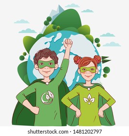 Two cute children super heroes. Protect and save Earth Planet vector concept