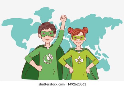 Two cute children super heroes. Protect and save Earth Planet vector concept