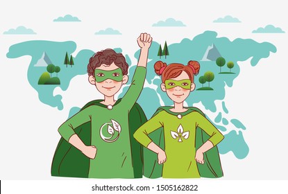 Two cute children super heroes. Protect and save Earth Planet vector concept