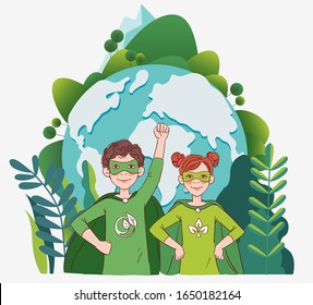 Two cute children super heroes playing in the garden. Protect and save Earth Planet vector concept