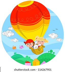 Two cute children and a white bunny flying with hot air balloon.