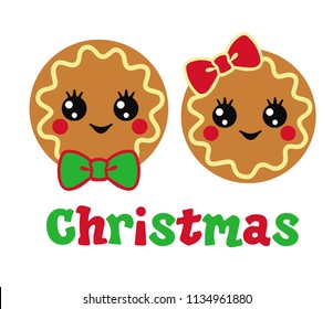 Two cute Christmas cookies with funny faces.  Boy and  girl.