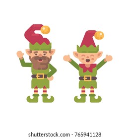 Two cute Christmas elves flat illustration. Holiday character flat icon