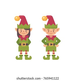 Two cute Christmas elves, male and female. Santa Claus elf flat character illustration