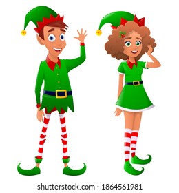 Two cute Christmas elves, man and woman. Merry Christmas cartoon elf card design. Green elf costume. Cute elves cartoon character christmasfor background. Vector illustration