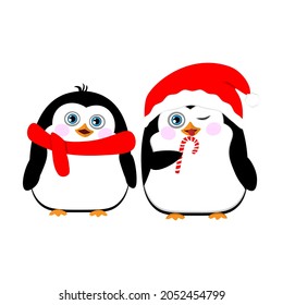 Two cute Christmas penguins on a white background. Wearing a santa claus hat, a penguin licks a festive candy, another joyful penguin in a red scarf. Cute vector illustration with baby penguins.