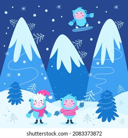 Two cute Christmas Yeti are standing in a clearing among the mountains.