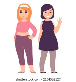 Two cute chubby girls posing for photo. Plus size fashion. Cartoon style vector illustration.