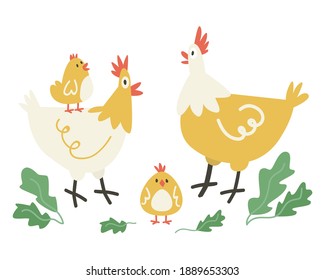 Two cute clocking hen standing with two yellow chickens . Funny moms and baby birds. Colorful textured flat vector illustration isolated on white background