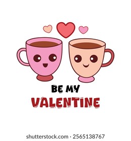 Two cute coffee cups in a romantic scene. Perfect for valentine's day t-shirt, poster design
