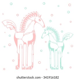 Two cute colored graphic steampunk stylized animals, techno horses, hand drawn vector illustration