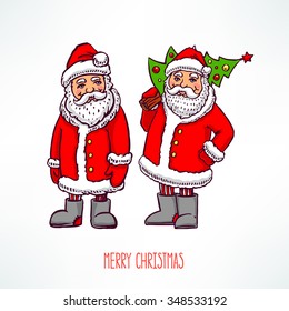 Two cute colorful friendly Santa Claus. hand-drawn illustration