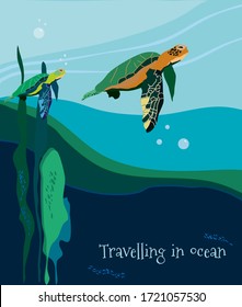 Two cute colourful turtles travelling in ocean. Seaweeds and funny bubbles. Cartoon vector illustration.