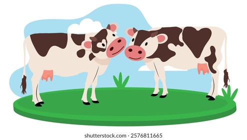 two cute cows in cartoon style, vector illustration.