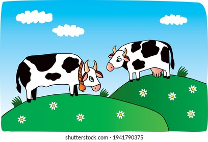Two cute cows on a hill. Colored vector for card or gift. 