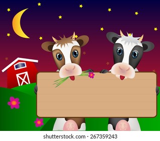 Two cute cows with wood board on farm in night