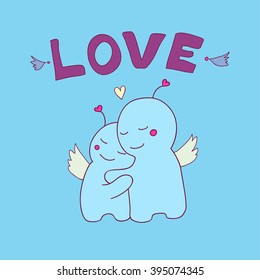 two cute creatures cuddling. vector illustration.