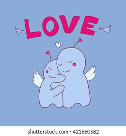 two cute creatures cuddling. vector illustration.