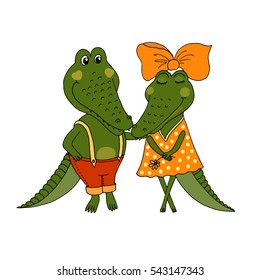 Two cute crocodiles fallen in love. Vector funny illustration for Valentine's Day, wedding design, scrapbook, gift wrapping paper, textiles. Cartoon style.