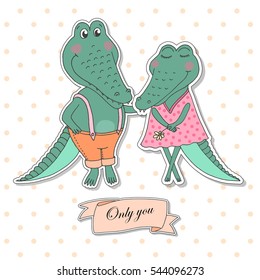 Two cute crocodiles fallen in love. Lovely alligators on white background with pink peas. Lovely crafted design for Valentine's Day, wedding, postcards and prints. Ribbon - Only you