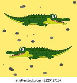 Two cute crocodiles lie on the beach. Cartoon vector illustration for kids