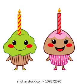 Two cute cupcakes with one lit candle each