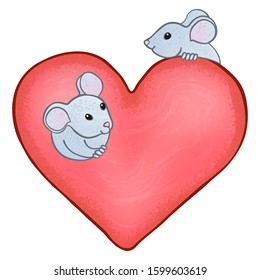 Two cute curious mice on a big pink heart look around. Vector cartoon illustration, isolated on white background.