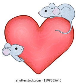 Two cute curious mice on a big pink heart looking at each other with interest. Vector cartoon illustration, isolated on white background.