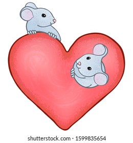 Two cute curious mice on a big pink heart look around. Vector cartoon illustration, isolated on white background.