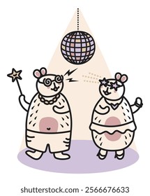 Two cute dancing capybaras in disco, black line vector doodle, festive mood, trendy kawaii characters, big friendly rodents for a postcard, fabric prints, etc.