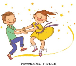 Two cute dancing children with stars. School activities. Back to School isolated objects on white background. Great illustration for a school books and more. VECTOR. Editorial. Education. 