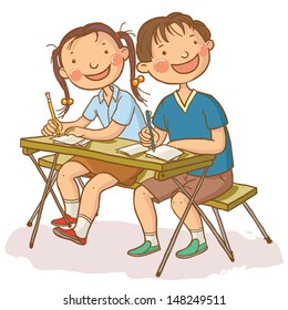 Two cute dancing children with stars. School activities. Back to School isolated objects on white background. Great illustration for a school books and more. VECTOR. Editorial. Education. 