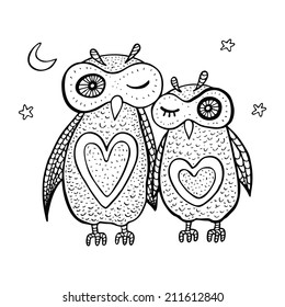 Two cute decorative owls. Vector hand drawn cartoon illustration.