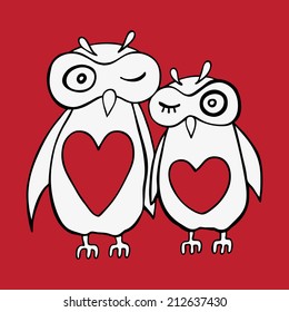 Two cute decorative owls. Vector hand drawn cartoon illustration.