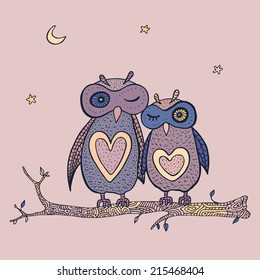 Two cute decorative owls. Vector hand drawn cartoon illustration.
