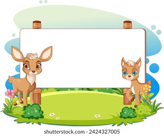 Two cute deer beside a blank signboard