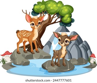 Two cute deer fawns near a small waterfall and pond