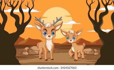 Two cute deer in a forest at sunset