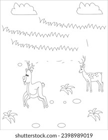 Two cute deer Runnig at jungle colouring page  for children 