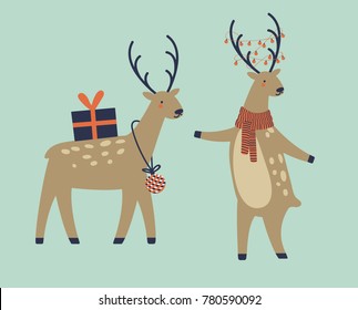 two cute deers; a vector illustration set  of funny reindeer animals; hand drawn characters; cartoon flat design great for Christmas, New Year, winter, kids theme for print, graphic and web design