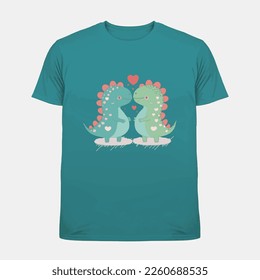 two cute Dinosaur in love with love hearts, t shirt template for valentines day, illustration