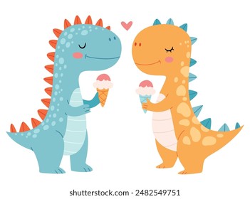 Two cute dinosaurs are eating ice cream.Funny prehistoric creature, animal or monster. Cute childish vector illustration for t-shirt print, stamp